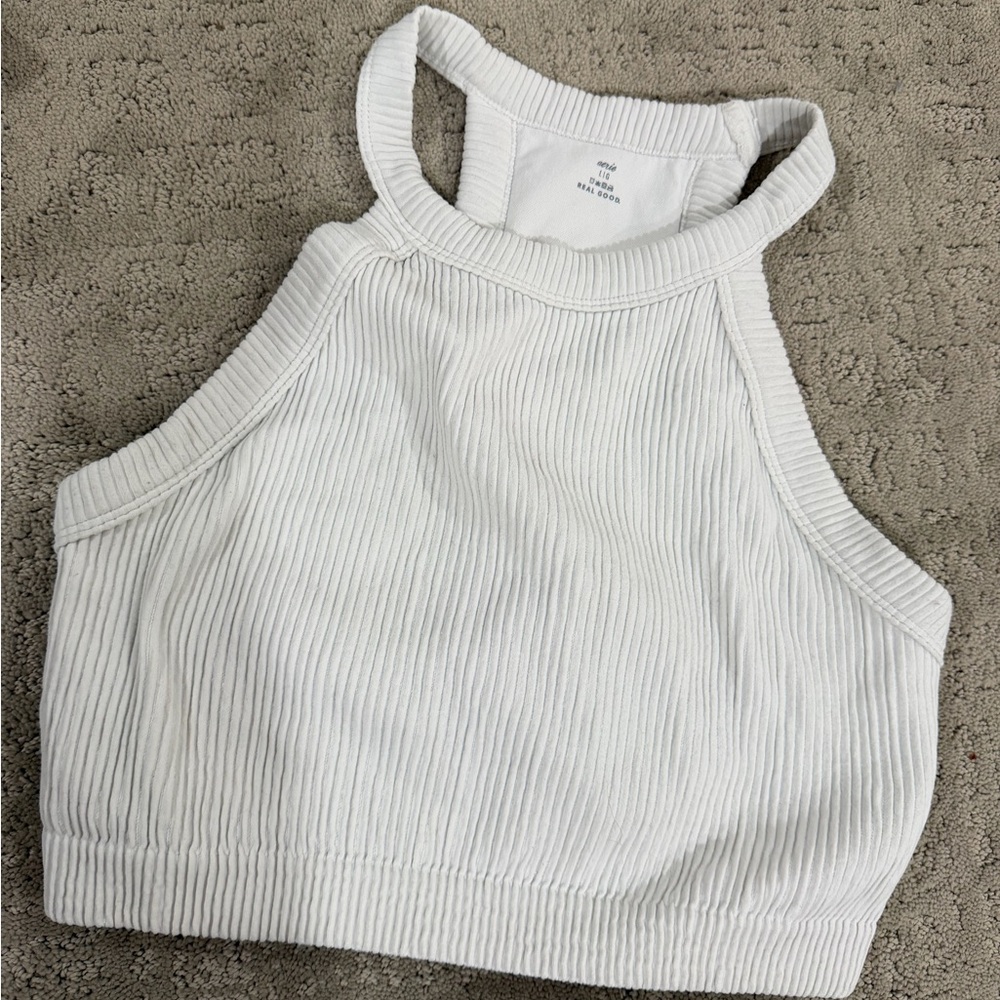 Ribbed High-Neck Crop Tank Top - White
